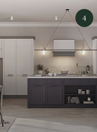 Classic kitchen with white cabinetry and a dark island