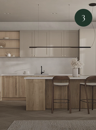 Warm wood and cream kitchen with a long island and pendant light
