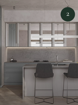 Contemporary grey kitchen with an island and floor-to-ceiling windows