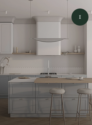 Bright kitchen with a central island and sculptural range hood