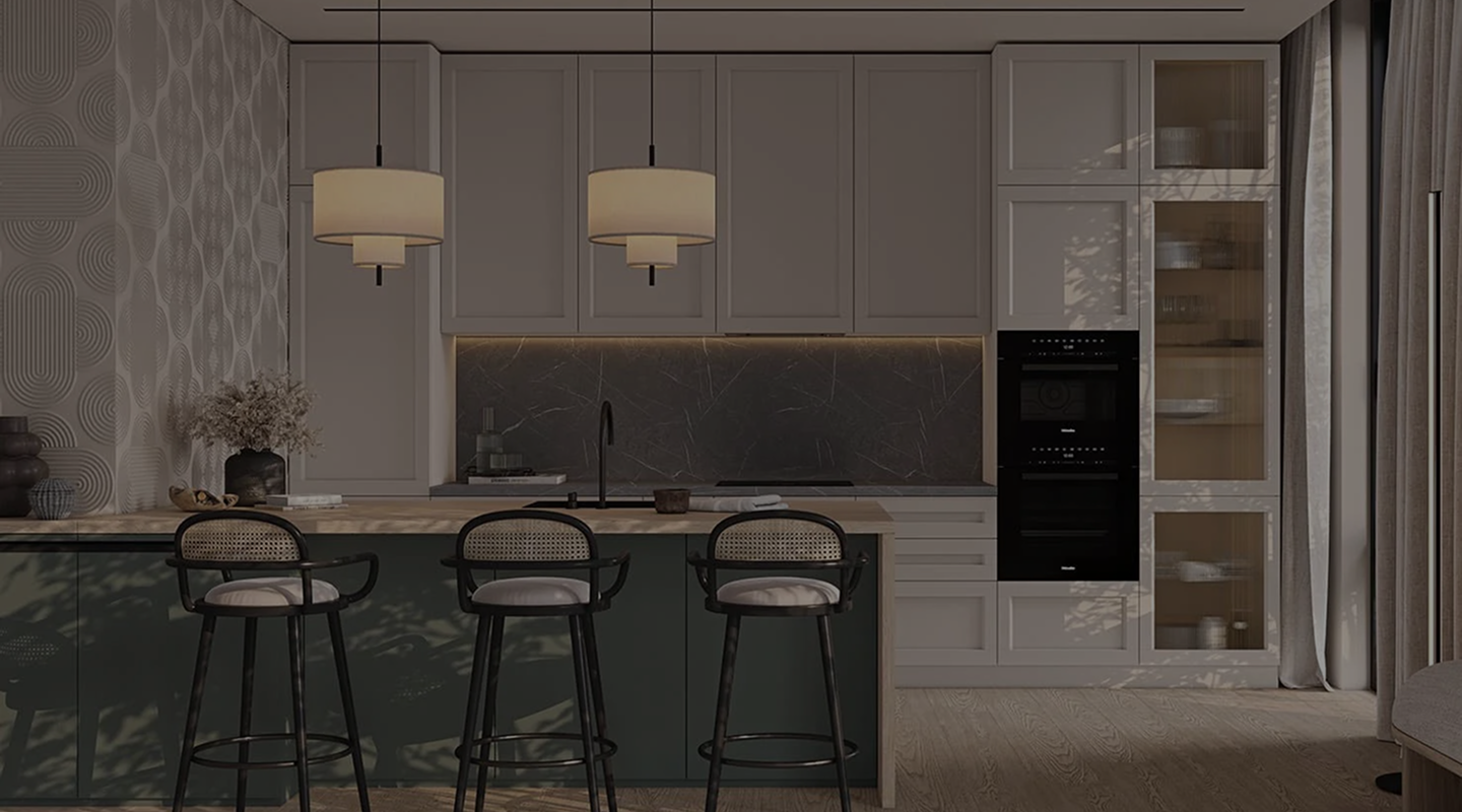 Refined kitchen with an island, pendant lights and dark wood chairs
