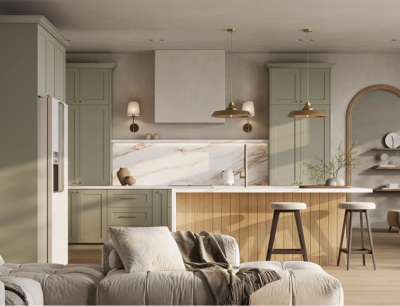 Elegant European kitchen with sage cabinetry, marble backsplash, island and lounge seating