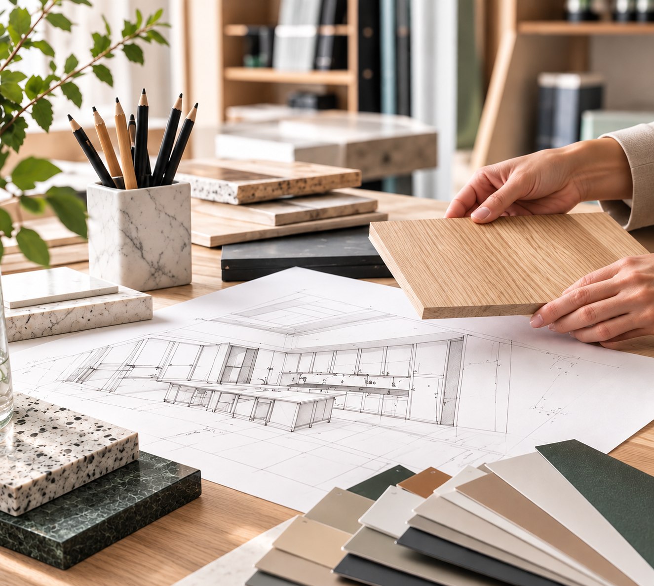 Kitchen design drawings, wood and stone samples on an Austrian cabinetry design worktable