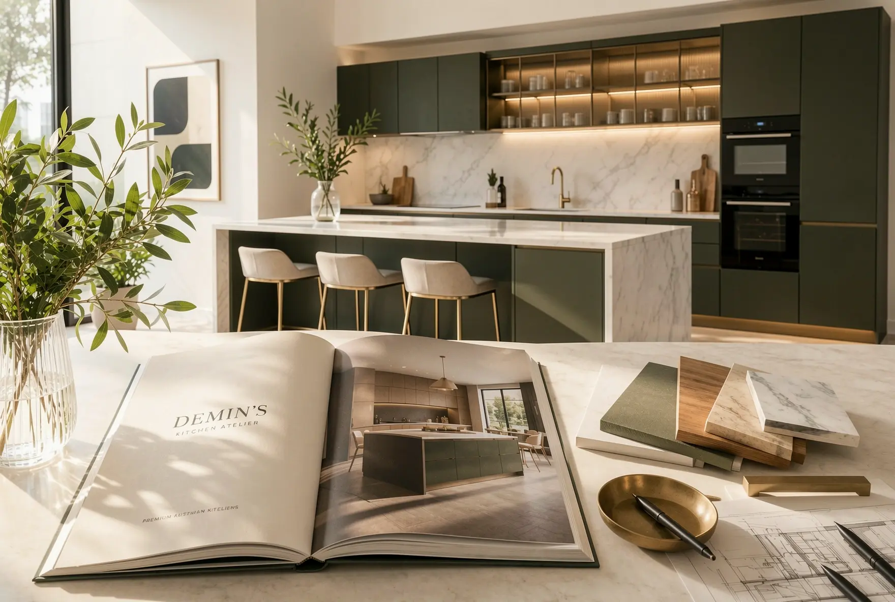 Austrian kitchen with dark green cabinetry, marble finishes and Demin’s Kitchen Atelier material samples